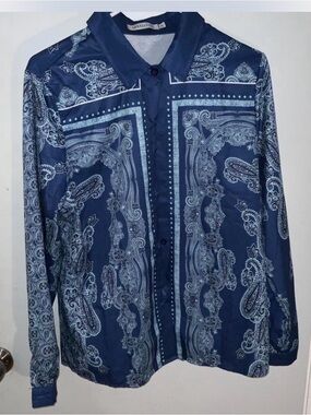 MISSLOOK Women’s Navy Blue Paisley Print Button-Up Shirt